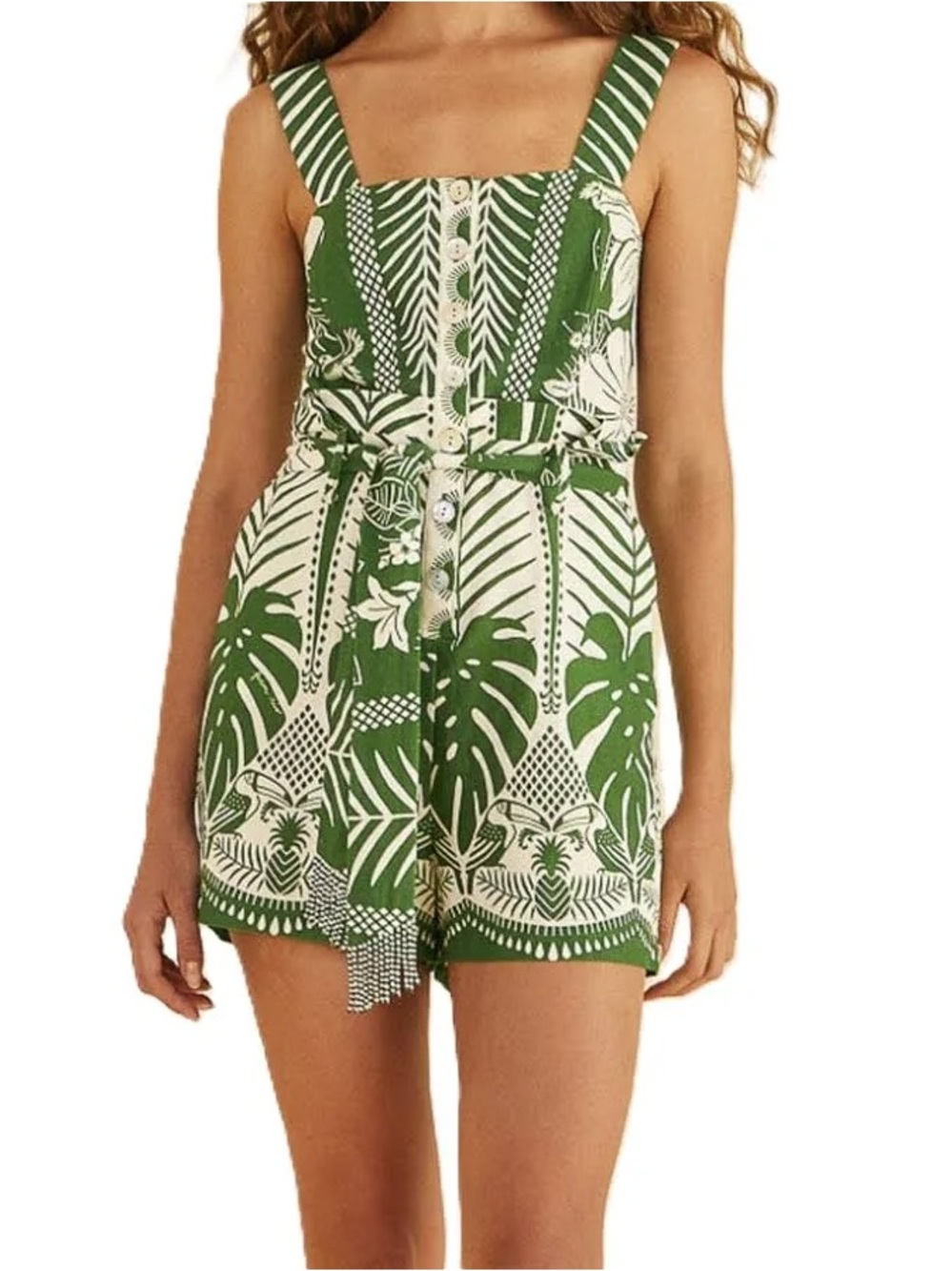 Farm Rio Green & White Tropical Print Romper with Beaded Belt and Pockets - Picture 16 of 17